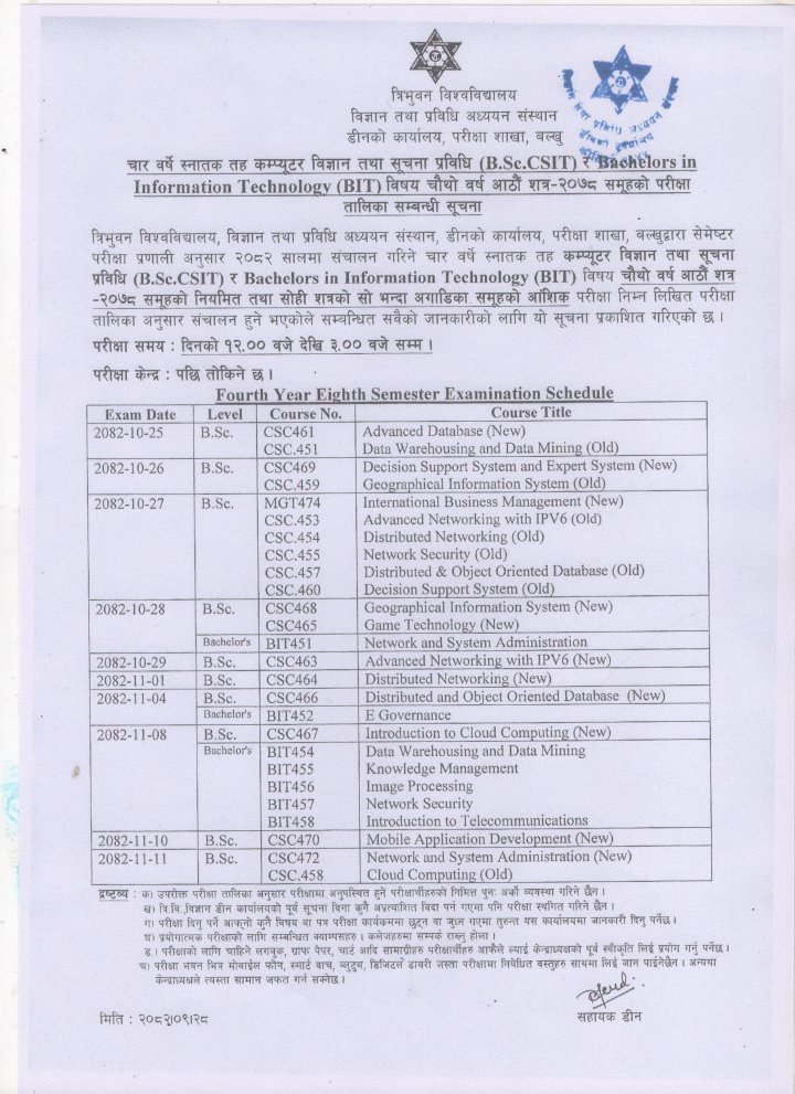 The Institute of Science and Technology, Tribhuvan University, has officially released the examination schedule for  B.Sc. CSIT, VII Semester.