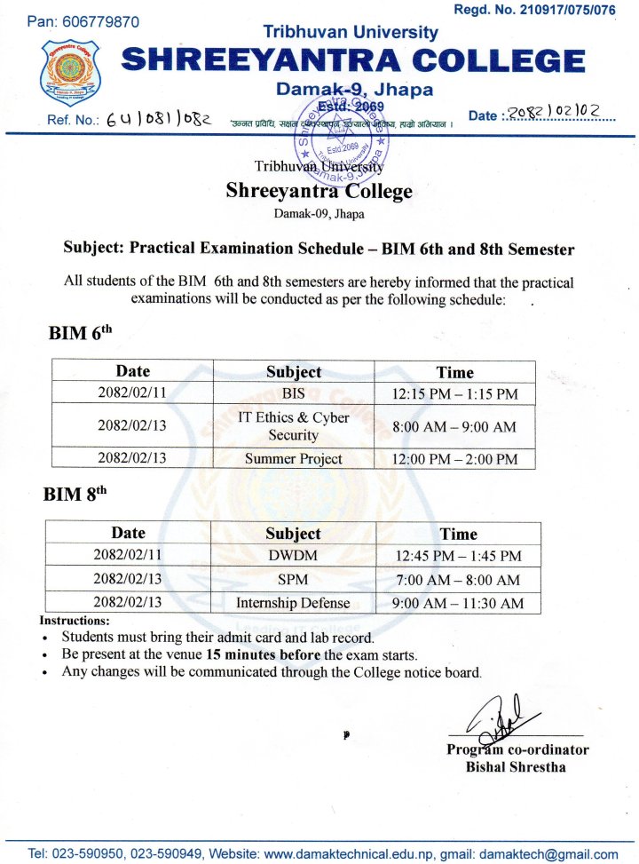 Practical Examination of BIM 6th & 8th Semester