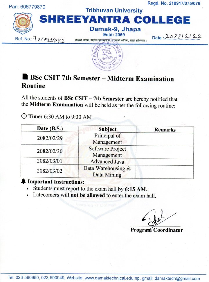 Midterm Examination Routine 
